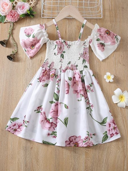 

toddler girls floral print frilled shirred cold shoulder dress she, Red;yellow