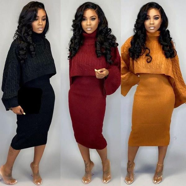 

two piece dress turtleneck sweater mini set short women winter solid color knitted suit casual tracksuit outfits, White