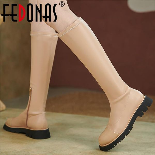 

boots fedonas concise classic women stretch knee high autumn winter casual low heels genuine leather splicing shoes woman est, Black