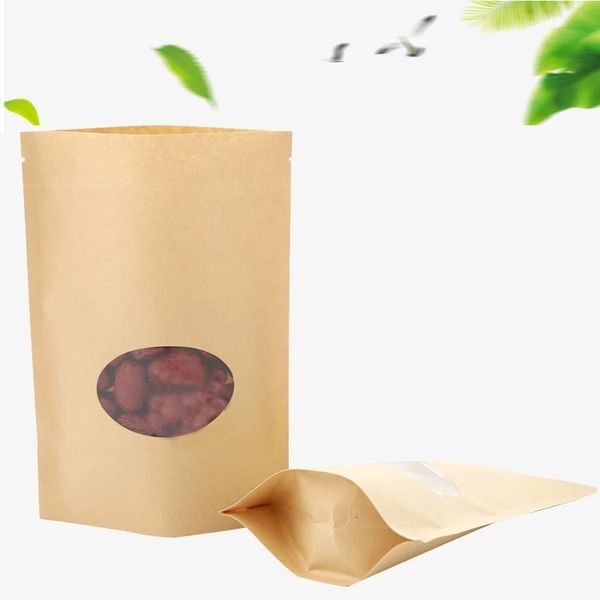 100 pçs / lote kraft papel sacos levantam bolsas de alimento de vedação reutilizável com janela transparente malotas de alimentos vazios para armazenar o biscoito secado alimentos