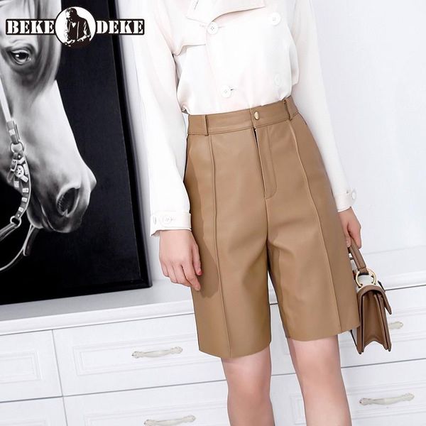 

women's shorts 2021 genuine leather womens fashion solid straight knee length slim korean style high street female vintage, White;black