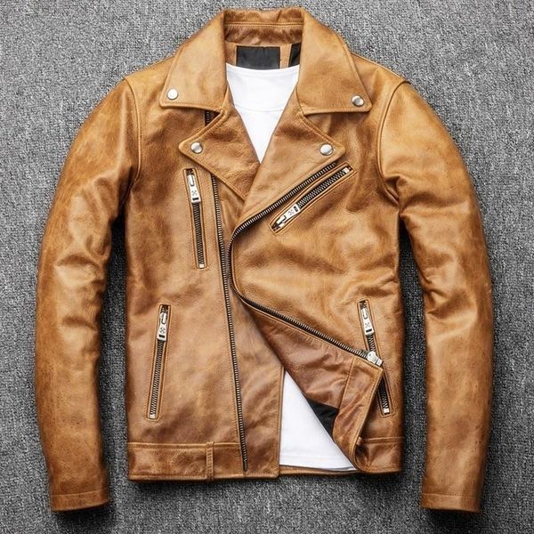 

men's leather & faux men genuine jacket fashion lapel gola outerwear casual zipper motorcycle jackets, Black
