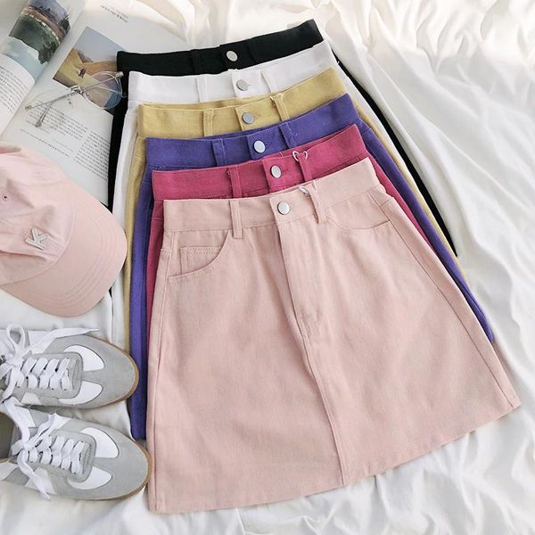 

yeeloca spring multicolored wearing denim skirt girl's casual high waist a-line mini saias vintage slim skirt, Black