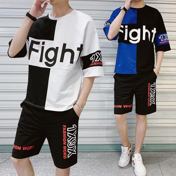 

shorts + short-sleeved t-shirt suit men summer stitching color casual suit men loose cotton slim sports, Gray