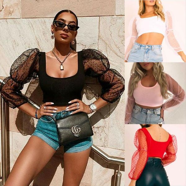 

summer see through sheer women shirt mesh tulle long sleeve crop, White