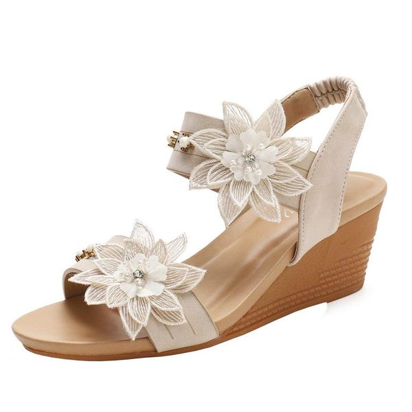 

dress shoes summer fashion bohemia style wedges heels flower with pearl sandals for woman, Black