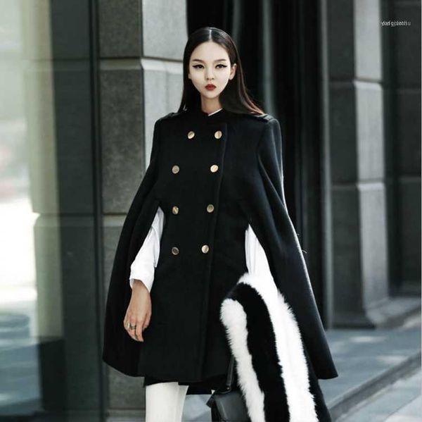 

women's wool & blends 2021 cloak black wool-blends coat women autumn winter loose mandarin collar double breasted fashion coat1