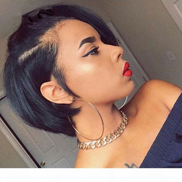 

short lace front wigs pixie cut wig brazilian straight remy hair 150% density lace front human hair wigs pre plucked, Black;brown