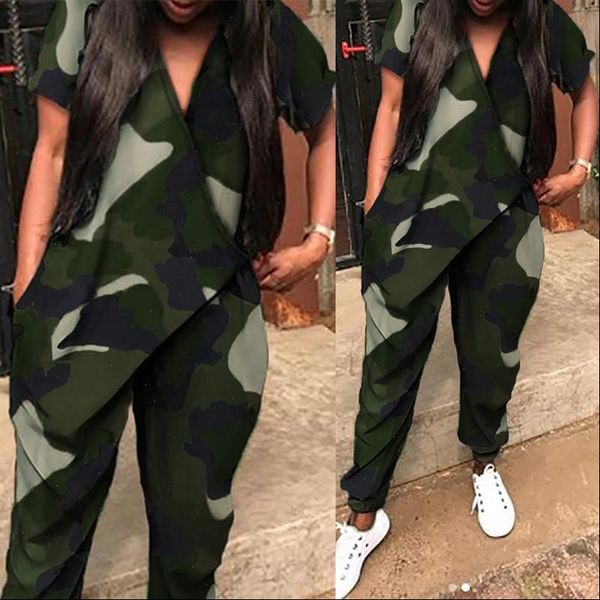 

fashion camouflage overalls womens summer jumpsuits 2021 casual short sleeve rompers female v neck harem pants s 5xl, Black;white
