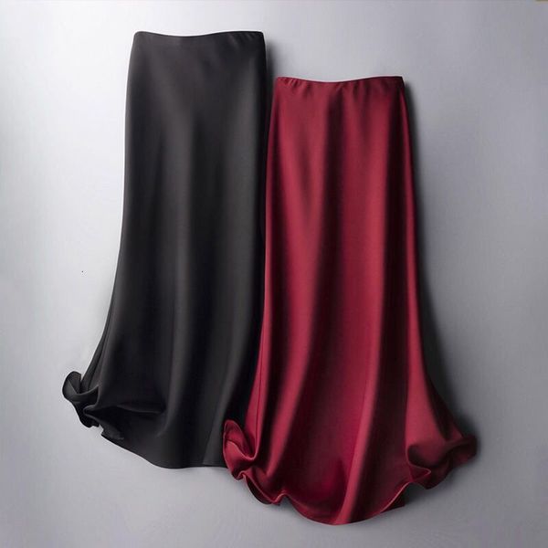 

new women 2021 spring autumn elegant ol glossy satin skirt fashion party office ladies high waist skirts a765xxk5, Black