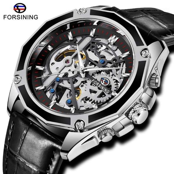 

forsining transparent gear case men mechanical watch steel skeleton leather strap automatic male sport clock wristwatches, Slivery;brown