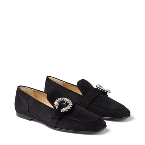 

with box women shoes luxury designer brand dress shoe j.c mani flat loafers withe crystal buckle spring and fall almond toes suede leather l, Black
