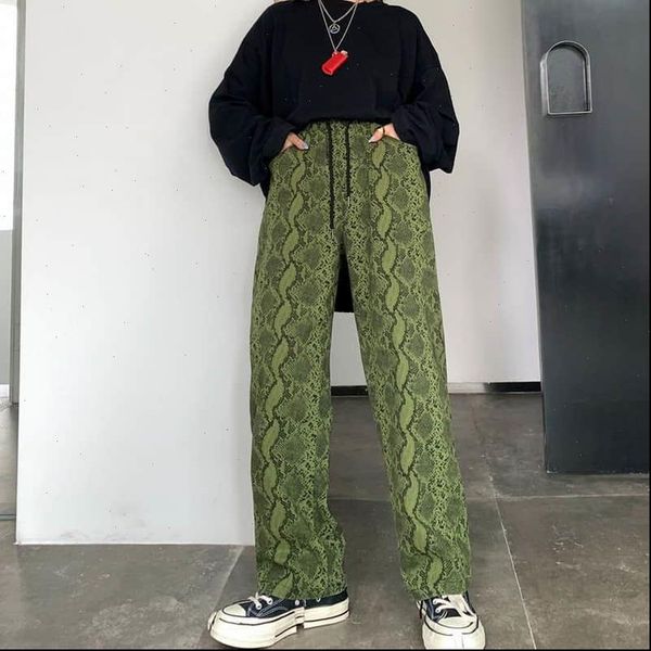 

2020 women high waist snakeskin wide leg pants streatwear lady loose casual long harem trousers femme punk bottoms straight, Black;white