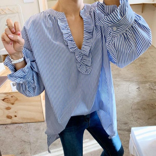 

women's blouses & shirts [ewq] korea chic summer casual trend women v-neck pullover striped loose fashion long-sleeved wooden ear shirt, White