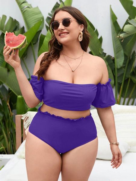 

plus solid lettuce trim off the shoulder bikini swimsuit p6dv#, Black