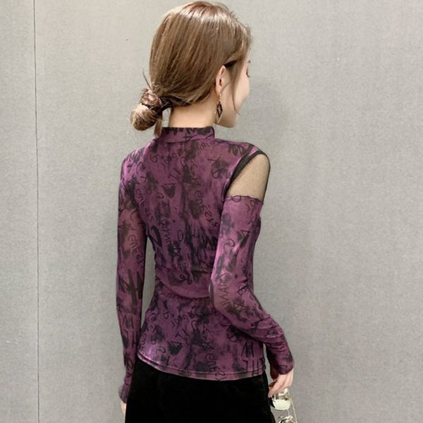 

2021 new spring fall korean style mesh t-shirt girls chic print letter graffiti women long sleeve bottoming shirt tees t11204a mpr, White