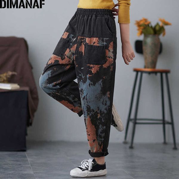 

plus size women denim pants jeans long loose vintage print black trousers female elastic waist pocket fashion 210531, Blue