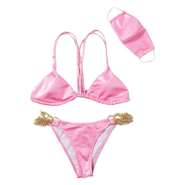 

women shiny metallic faux leather bikini set with face mask chain swimsuit