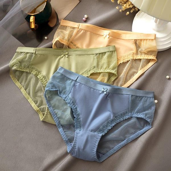 

women's panties women lace underwear cotton crotch comfortable breathable mesh mid-waist sensual briefs bow underpants, Black;pink