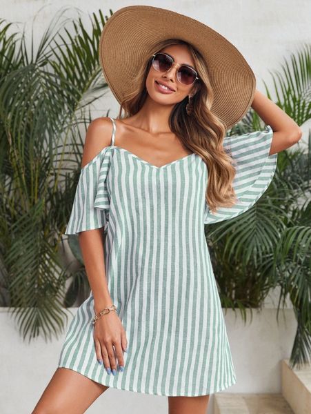 

cold shoulder ruffle cuff striped dress t42p#, Black;gray