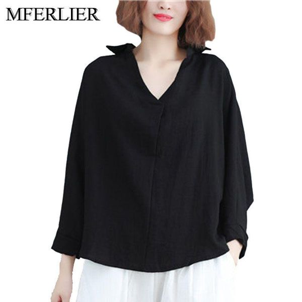 

women's blouses & shirts mferlier autumn spring blouse women loose bust 150cm cotton linen long sleeve shirt, White