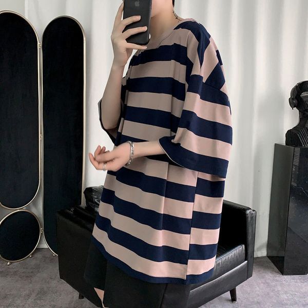 

2021 new summer short-sleeved t-shirt men's fashion hit color casual o-neck t shirt men streetwear striped tshirt mens s-5xl aelo, White;black