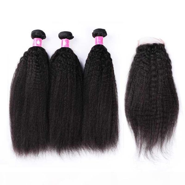 

middle part lace closure with bundles kinky straight hair weave virgin brazilian remy hair weft with closure forawme hair productions, Black