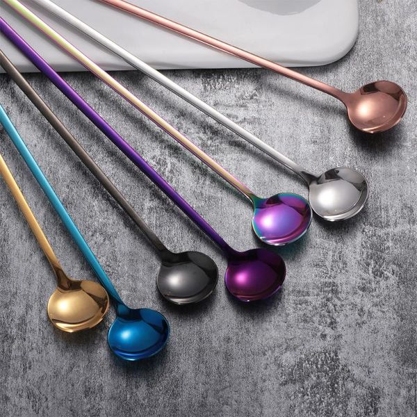

spoons 1pc multicolor rainbow stainless steel stir spoon coffee ice cream long handle tableware polished kitchen supplies