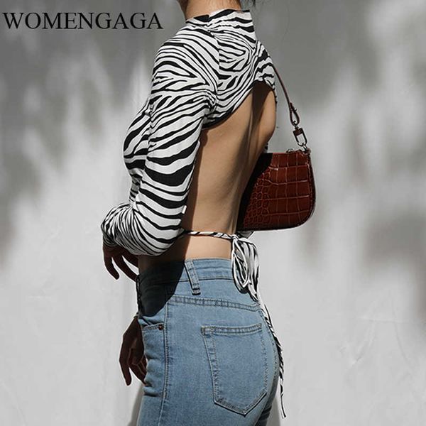 Womengaga Snakeskin Padrão Sexy Base de Manga Completa Backles Turtleneck Laço Leopardo Top Zebra Cópia Cropped T-shirt Tops N5C 210603