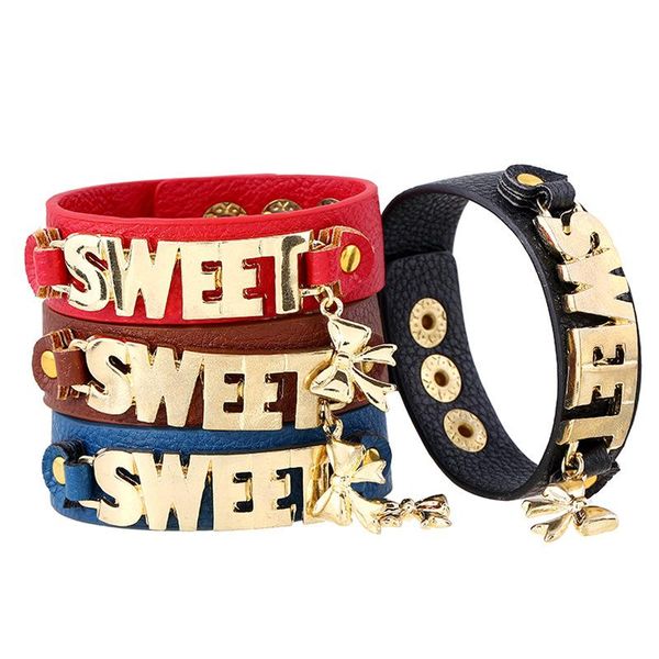 

tennis romantic sweet alphabet gold charm leather couple bracelets red/black/blue/brown flat bangles jewelry wristbands findings, Golden;silver