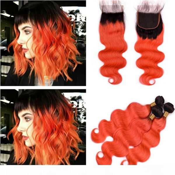 

#1b orange ombre body wave hair bundles with closure ombre orange wavy brazilian human hair 3bundles with 4x4 front lace closure 4pcs lot, Black