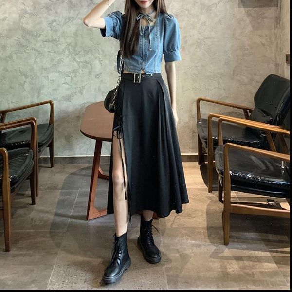 

black skirt 2021 summer womens split slimming high waist mid long model a design irregular skirt fashion