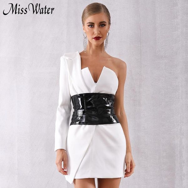

casual dresses miss water 2021 summer women one shoulder dress black belt v-neck bodycon vestido club celebrity evening party, Black;gray