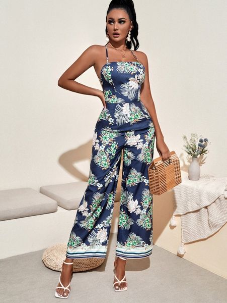 

tropical print crisscross backless knot cami jumpsuit u0br#, White