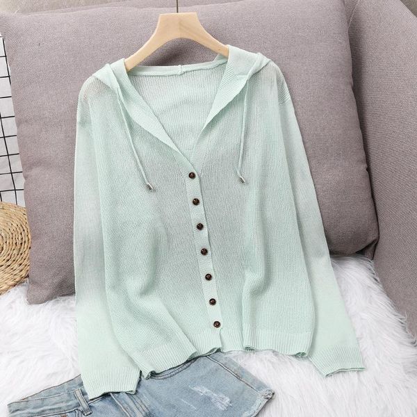 

women's knits & tees women knitted sweater cardigan summer autumn long sleeve v-neck ice silk knit hooded thin coat outerwear sun prote, White