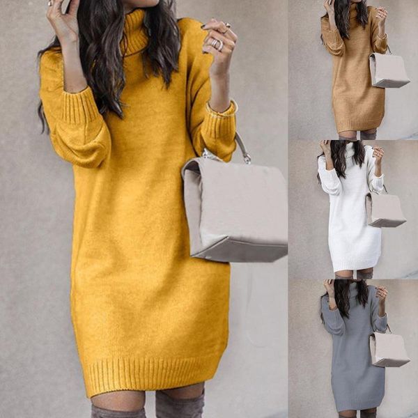 

korea style women solid color turtleneck long sleeve casual loose knitted sweater dress casual warm autumn women's sweater, White;black