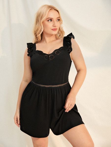 

plus solid eyelet embroidery romper y4xs#, Black