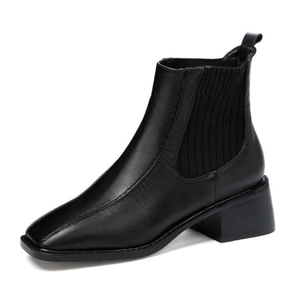 

real leather women ankle boots mixed color stretch thick heel warm boots fashion women party footwear size 33-40, Black