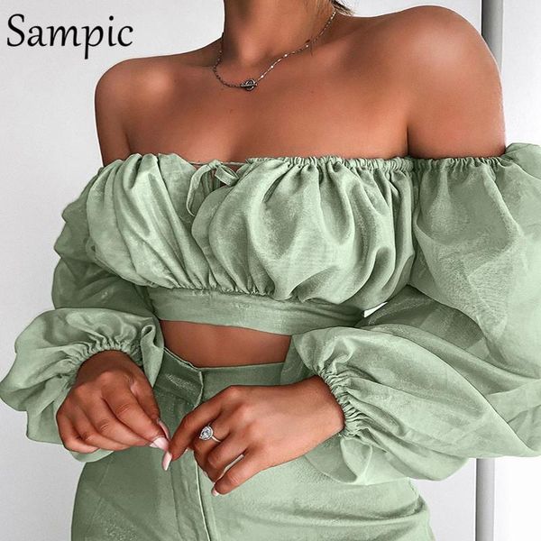 

sampic puff long sleeve crop women shirt off shoulder blouse backless white shirts summer autumn female blouses
