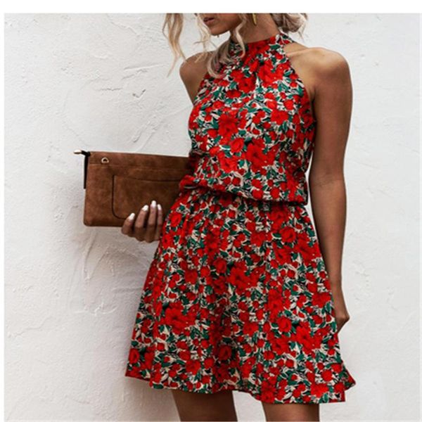 

casual dresses women halter floral print dress summer fashion sleeveless ladies dating elegant leisure sundress, Black;gray