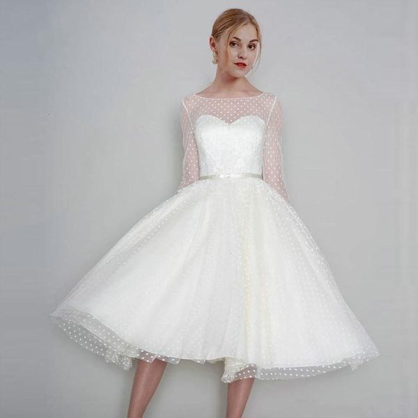 

new knee 2021 length lace es long sleeves princess jewel sheer neck wedding bridal gowns vestidos de noiva 88yn, White
