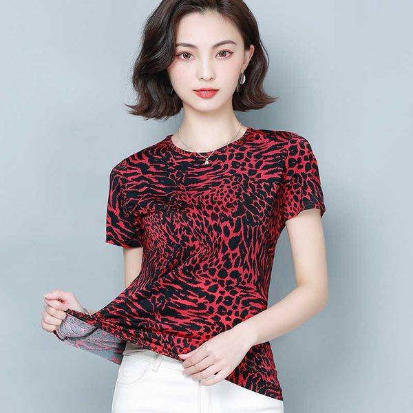 Koreanische Frauen Blusen Stretch Kurzarm Bluse Tops Blusas Mujer De Moda Sommer Frau Leopard Top Plus Größe 210531