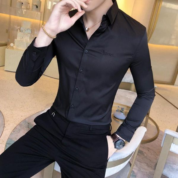 

men's formal shirt new british style solid color embroidered business shirt men's long sleeve slim casual, White;black