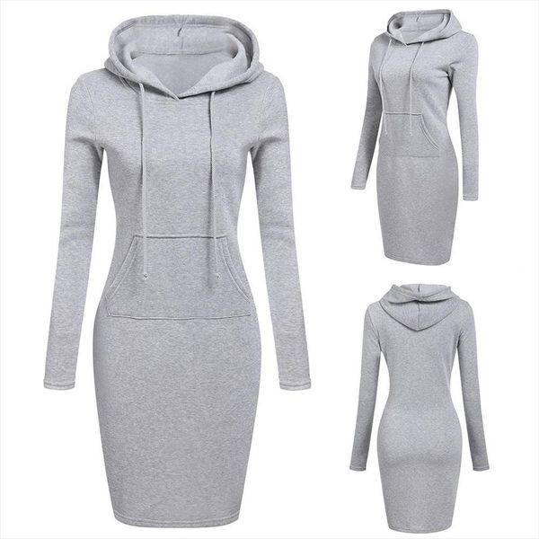 

autumn winter pocket solid womens dress color long sweatshirt pullover hoodie woman fashion elegant vestido de mujer, Black;gray