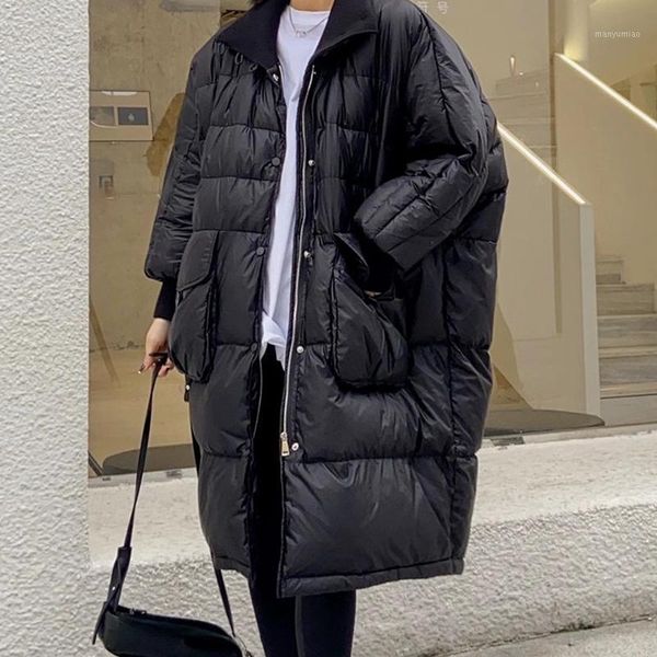 

women's down & parkas thick warm loose long coat winter stand-up collar windproof white duck, Black