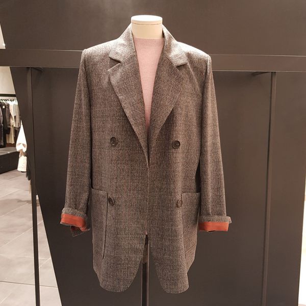 

2021 spring and autumn new full sleeve women woolen blazer korea style loose belt checkered casual coat qz174, Black;brown