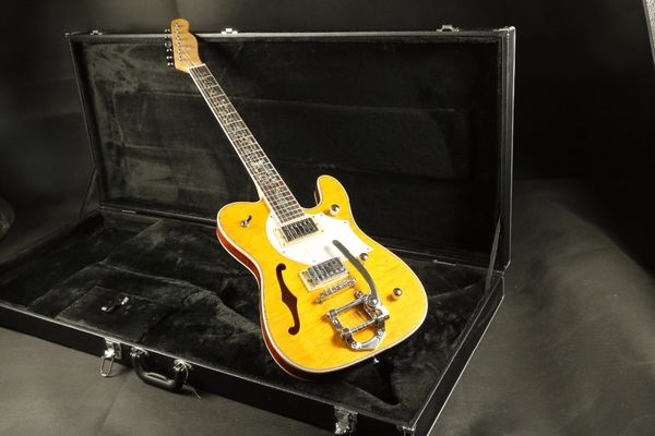 

custom shop guitar quilted maple semi hollow body abalone inlay amber electric