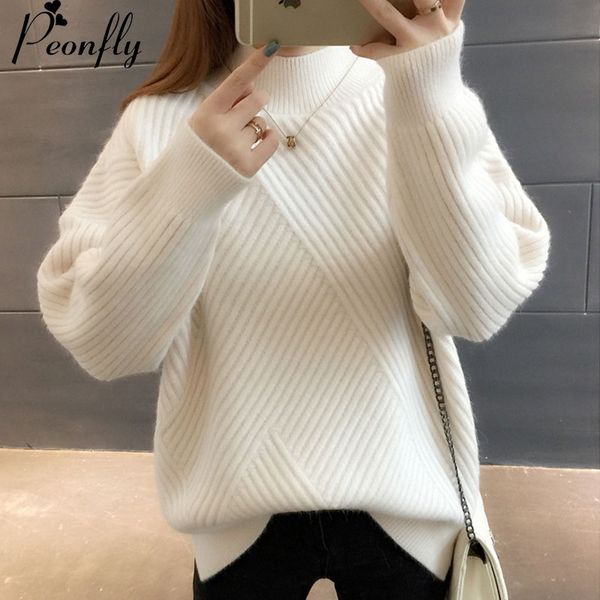 

peonfly new loose thick warm winter pullover sweater women jumper half turtleneck long sleeve knit yellow sweater female 210218, White;black