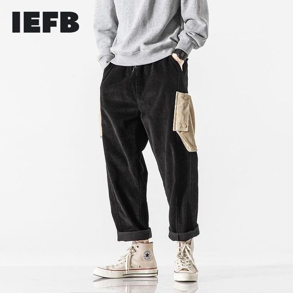 

iefb spring corduroy patchwork contrast color straight workwear men's trousers 2021 new elastic waist ankle-length pants 9y6074, Black