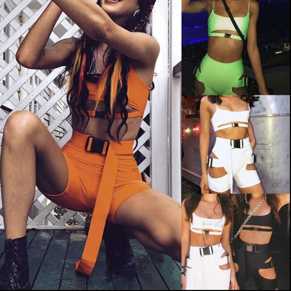

women streewear 2 piece playsuit bodysuit hollow out romper sashes set sleeveless crop tank shorts uk, Gray